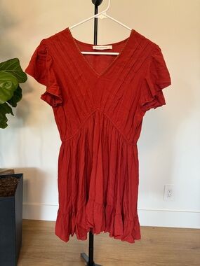 Rust Red Short Sleeve V-Neck Dress by